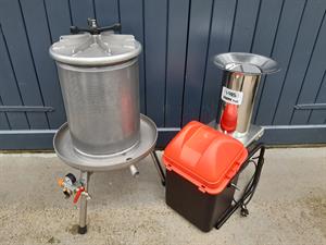 Mosterisæt - 20 liters vandtrykspresse inkl. pressesæk af bomuld og Fruit Shark frugtkværn (ca 600 kg/t)